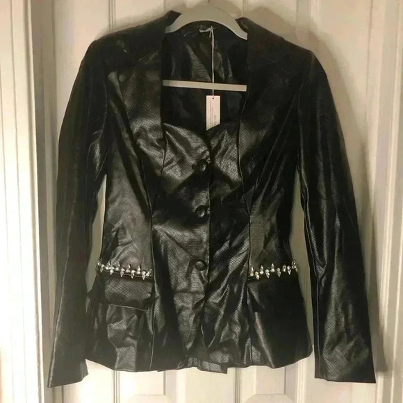 Chic Black Leather Jacket.  
Snake Embossed Faux Leather Embellished Blazer - Picture 7 of 17